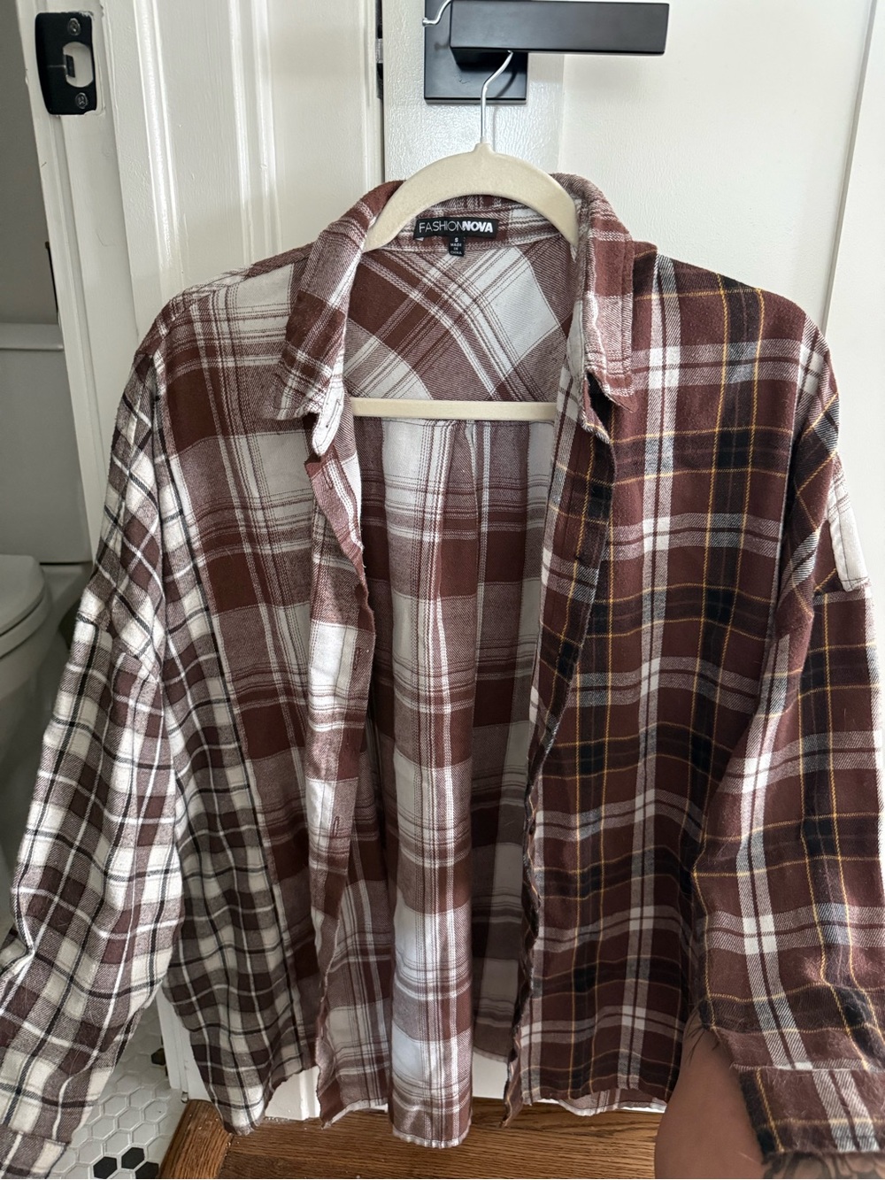 Fashion Nova Brown and White Plaid 3-Tone Patchwork Button-Down Shirt